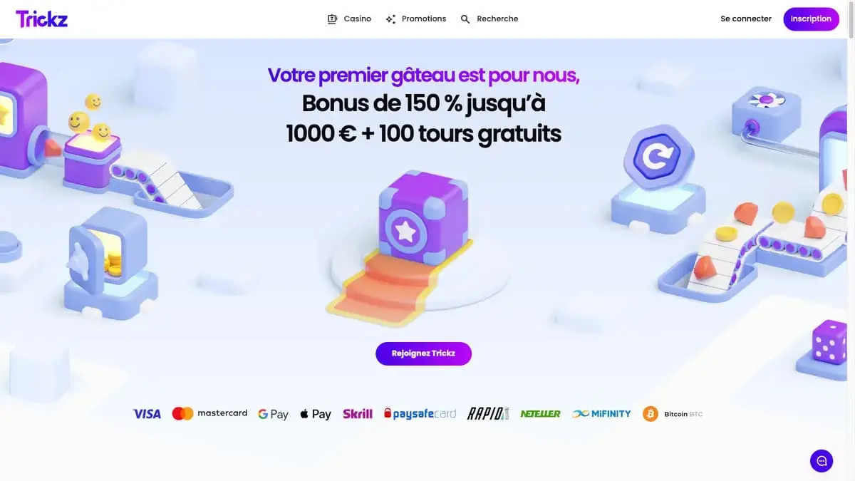 Aperçu du site Trickz Casino avec son interface fluide et ses bonus